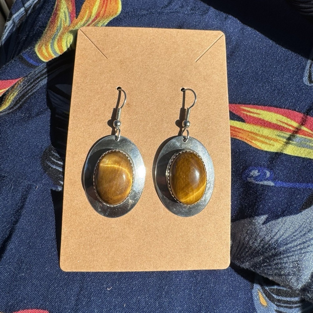 Vtg Coffee‎ Tigers Eye Sterling 925 Dangle Earrings By Navajo Dan Platero 9grams